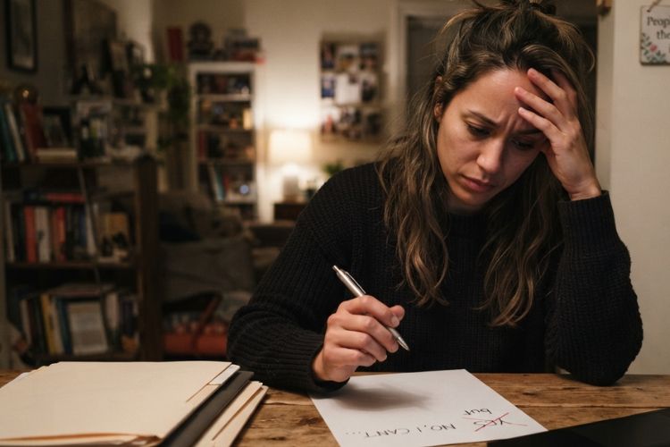 Woman writing on paper feels stressed